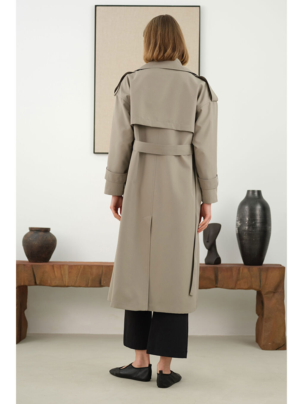 Bej Uzun Klasik Trençkot Vizon-1