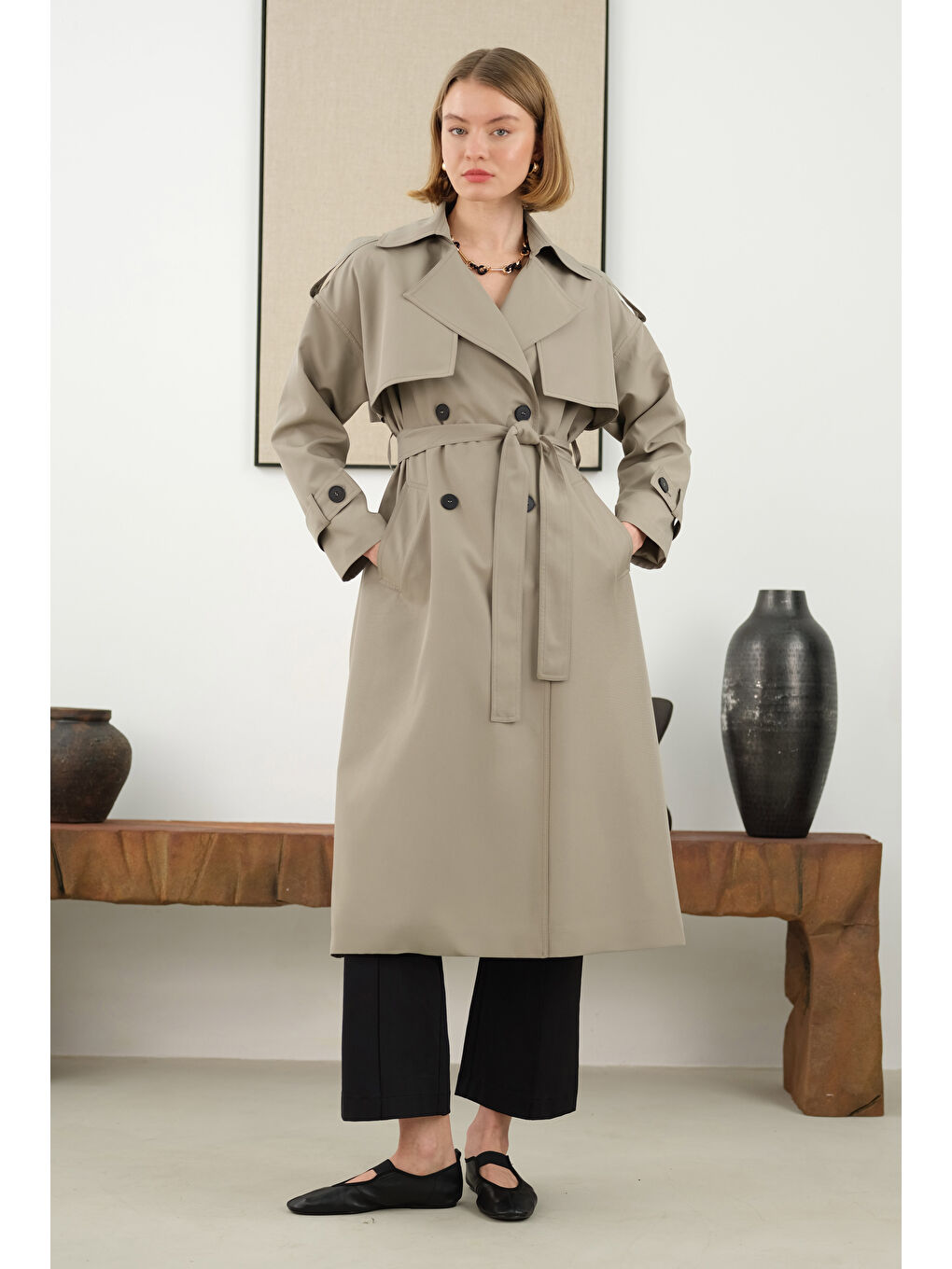 Bej Uzun Klasik Trençkot Vizon-2