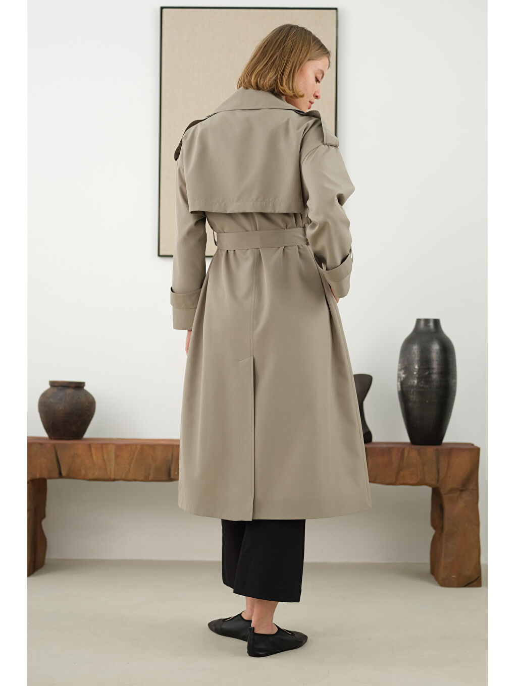 Bej Uzun Klasik Trençkot Vizon-3
