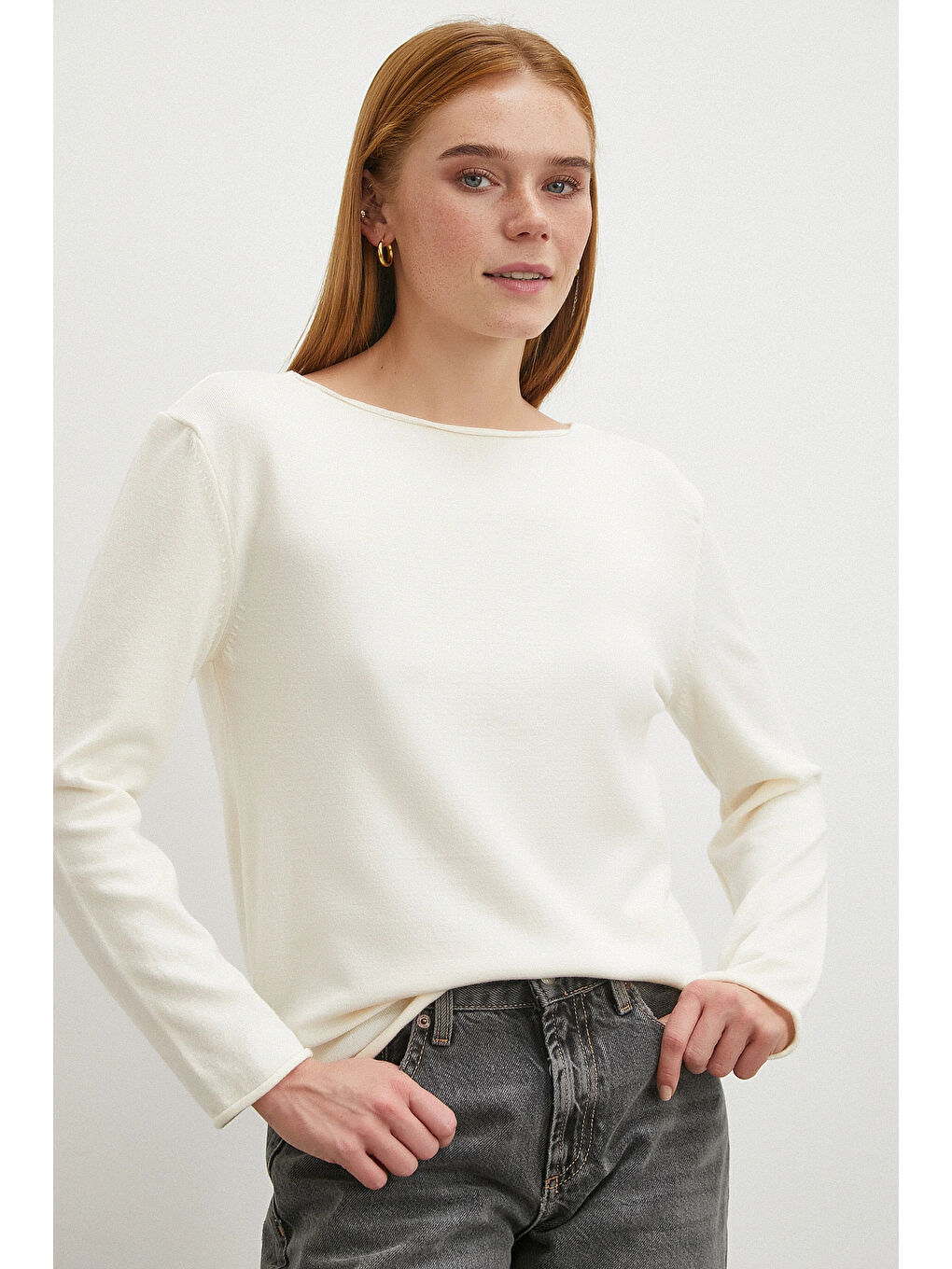 Kayık Yaka Uzun Kol Kazak Ekru-3