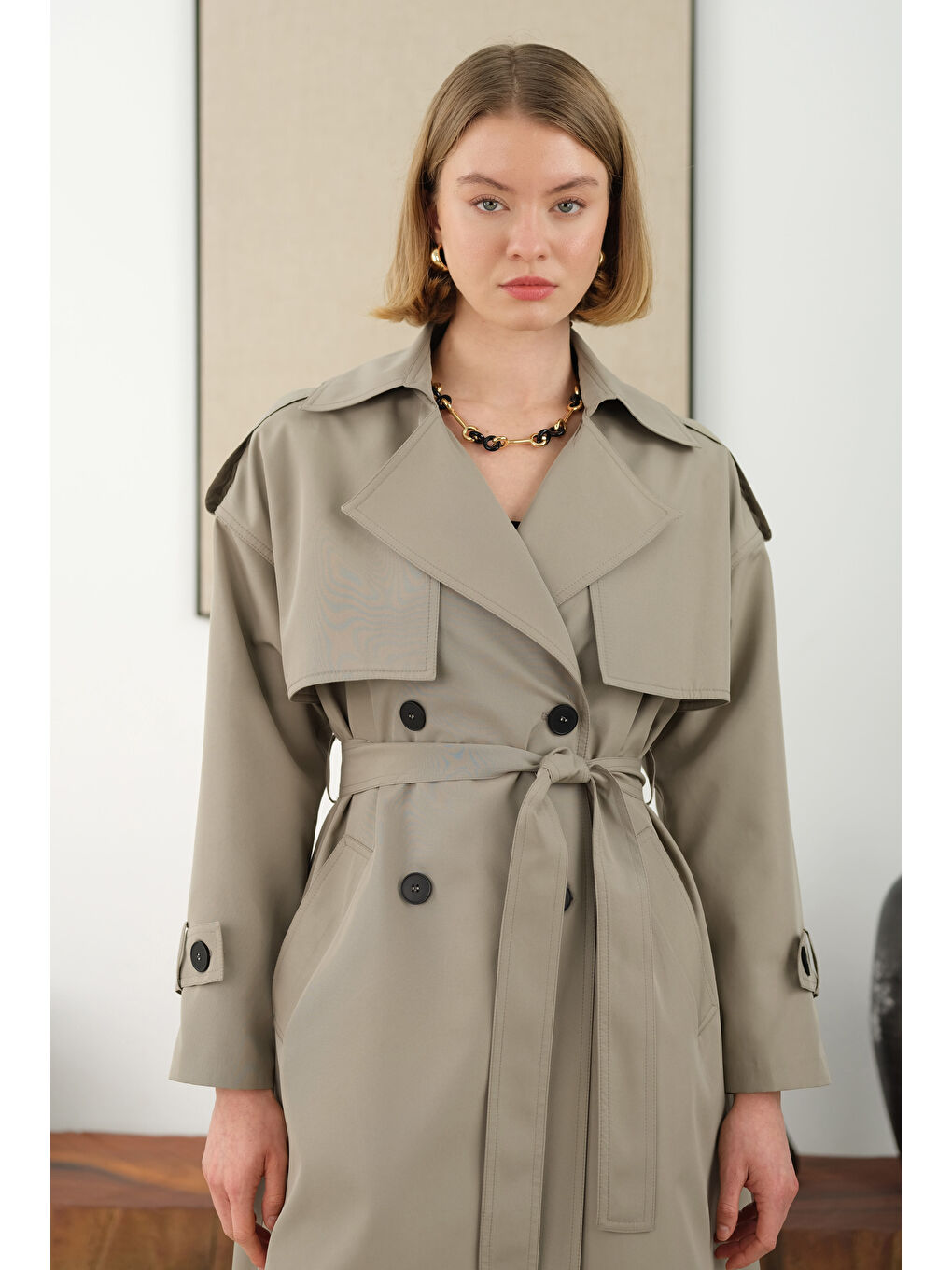 Bej Uzun Klasik Trençkot Vizon-4