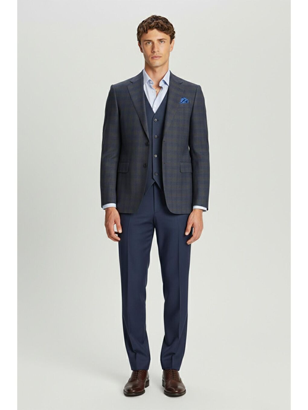 Giotelli Antrasit Slim Fit Kareli Mono Yaka %100 Yünlü Yelekli Takım Elbise-1