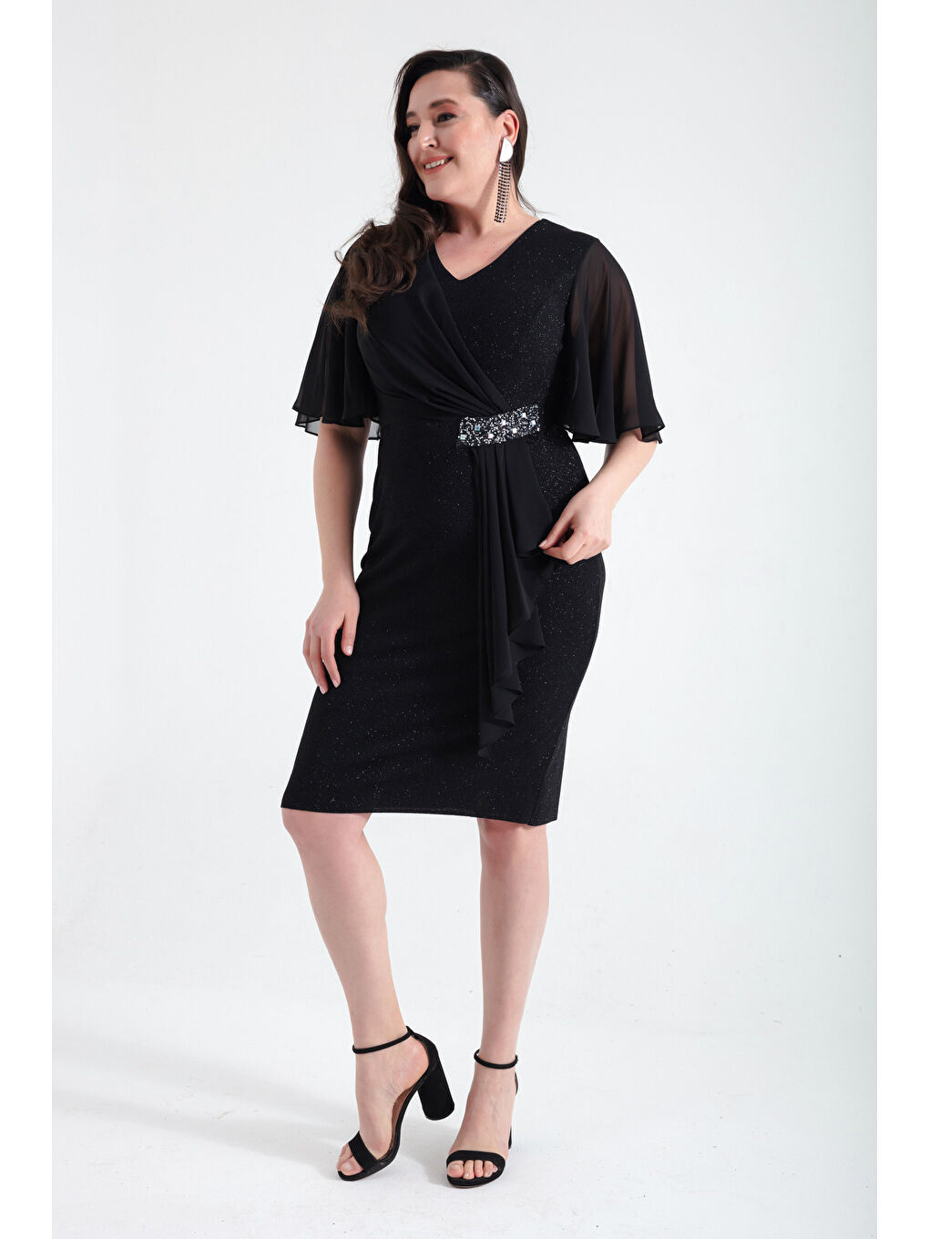 Kadın Siyah V Yaka Kısa Kollu Büyük Beden Midi Abiye Elbise-1