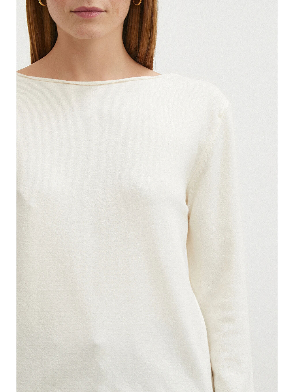 Kayık Yaka Uzun Kol Kazak Ekru-4