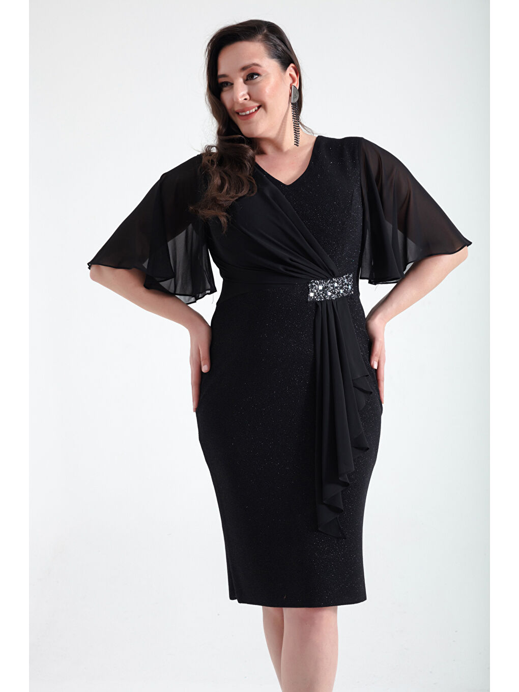 Kadın Siyah V Yaka Kısa Kollu Büyük Beden Midi Abiye Elbise-2