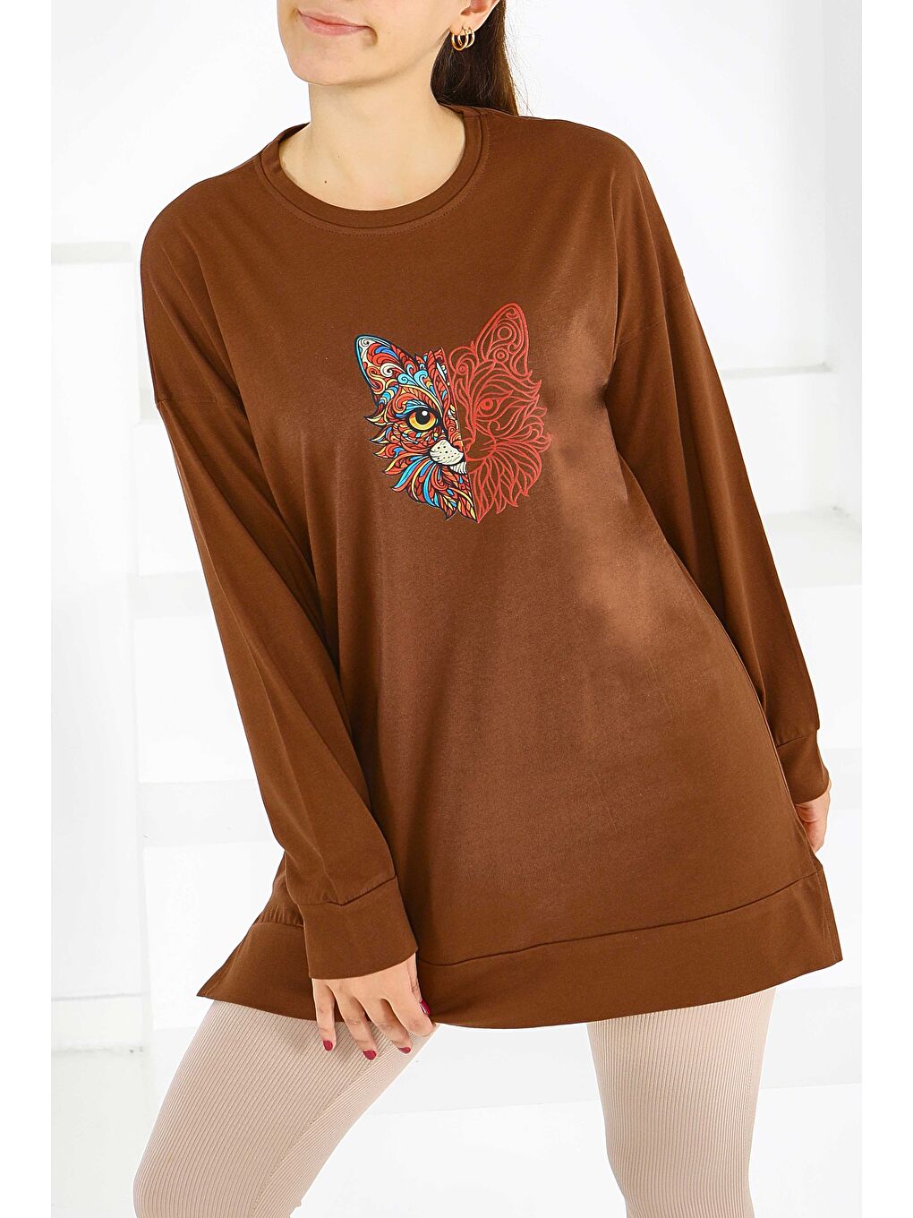 Kahverengi Uzun Kollu Baskılı Süprem Tunik Kahve - 27586