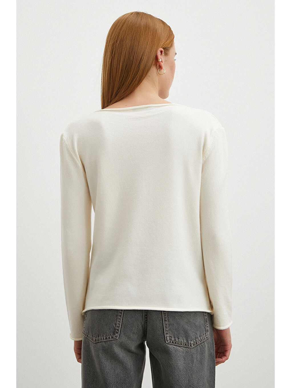 Kayık Yaka Uzun Kol Kazak Ekru-5