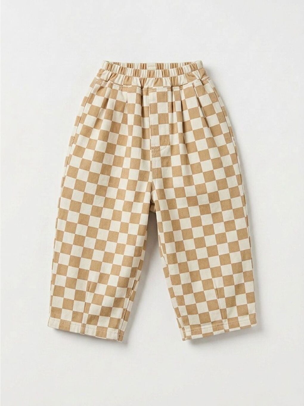 Çocuk Pamuklu Bej Dama Desenli Oversize Pantolon-1