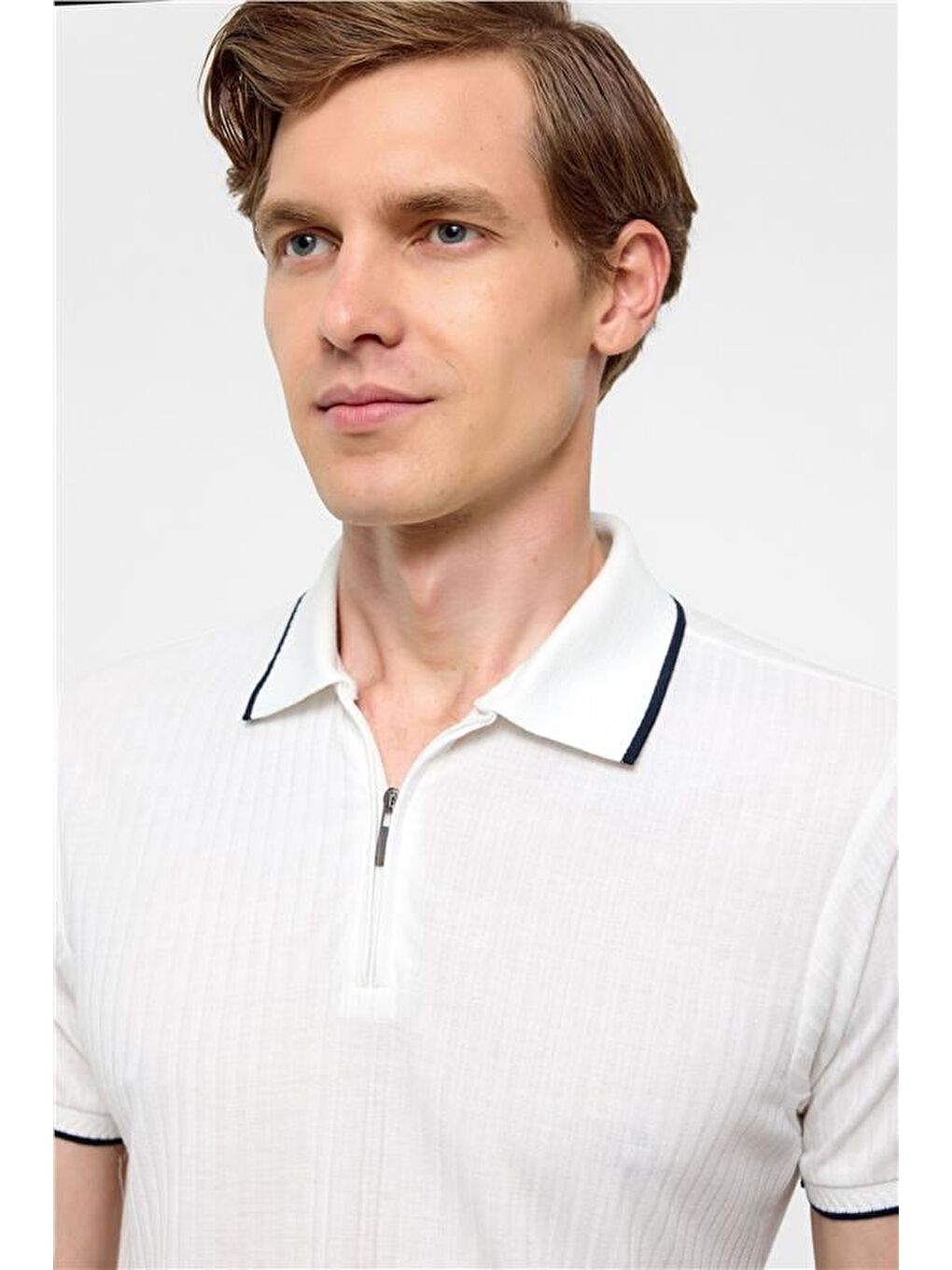 Beyaz Slim Fitilli Polo Yaka Tişört-2