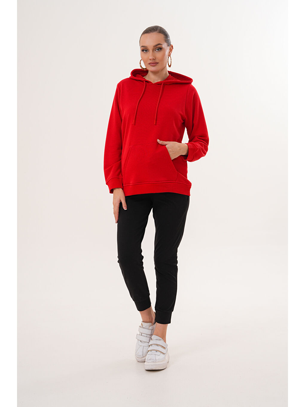 Kırmızı %100 Pamuk Hamile ve Lohusa Basic Kapüşonlu Sweatshirt