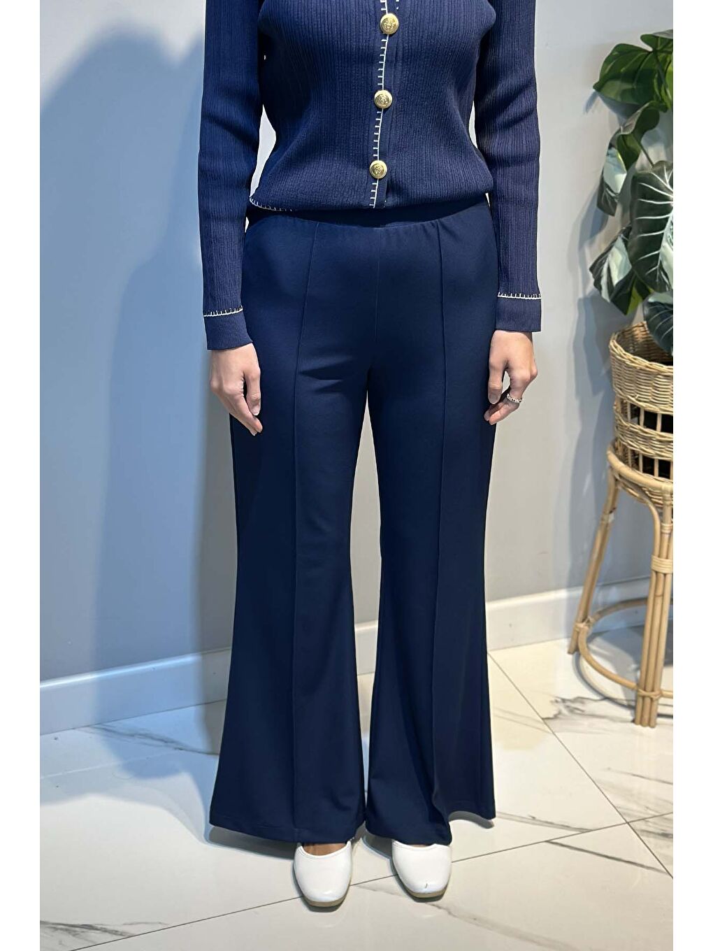 Madrid Beli Lastikli İspanyol Paça Pantolon 5586 Lacivert-3