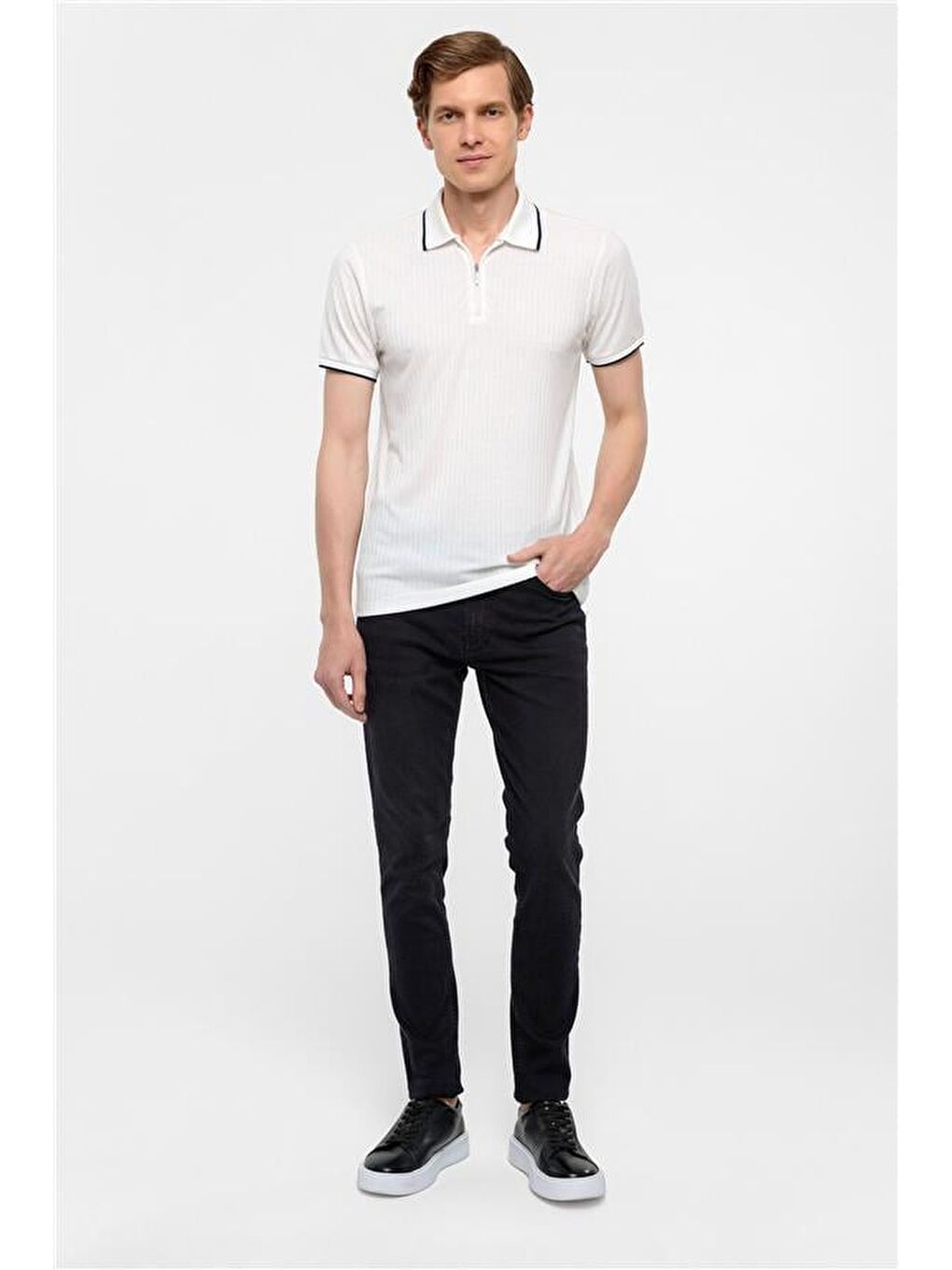 Beyaz Slim Fitilli Polo Yaka Tişört-5