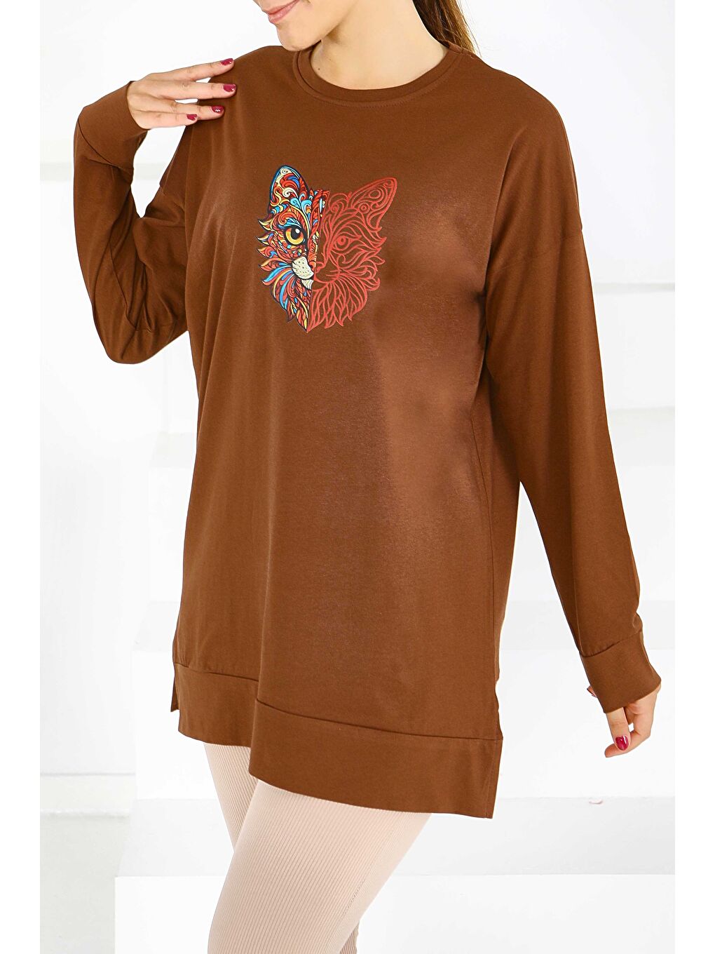 Kahverengi Uzun Kollu Baskılı Süprem Tunik Kahve - 27586-1