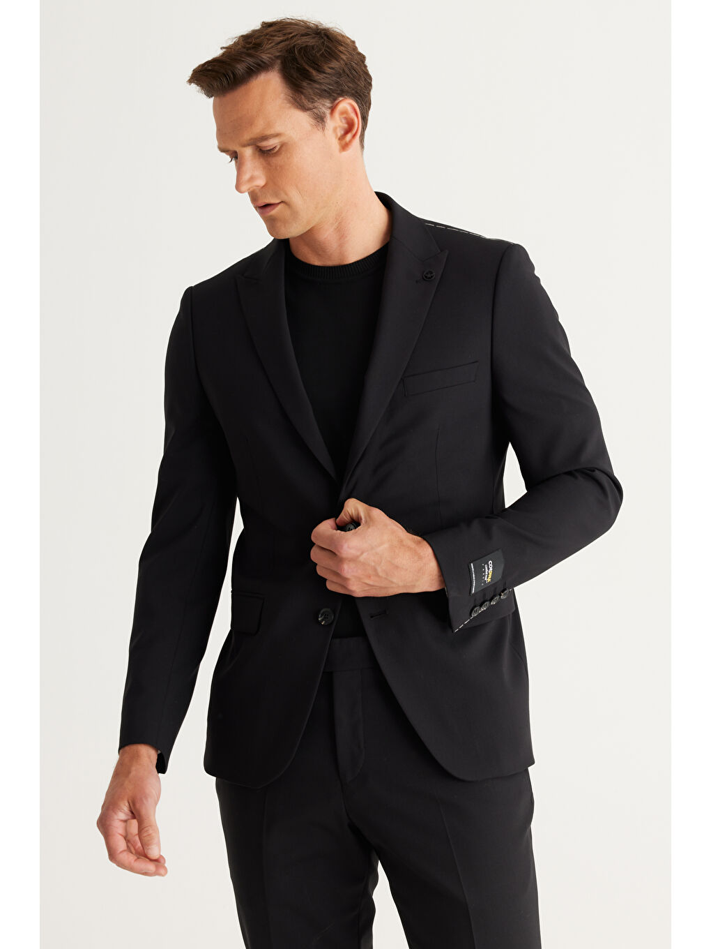 Erkek Siyah Slim Fit Dar Kesim Kırlangıç Yaka Desenli Yünlü Takım Elbise-5