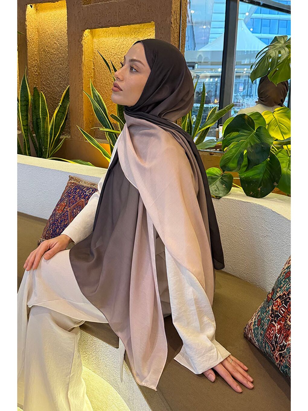 Degrade Desen Soft Şal Acı Kahverengi-3