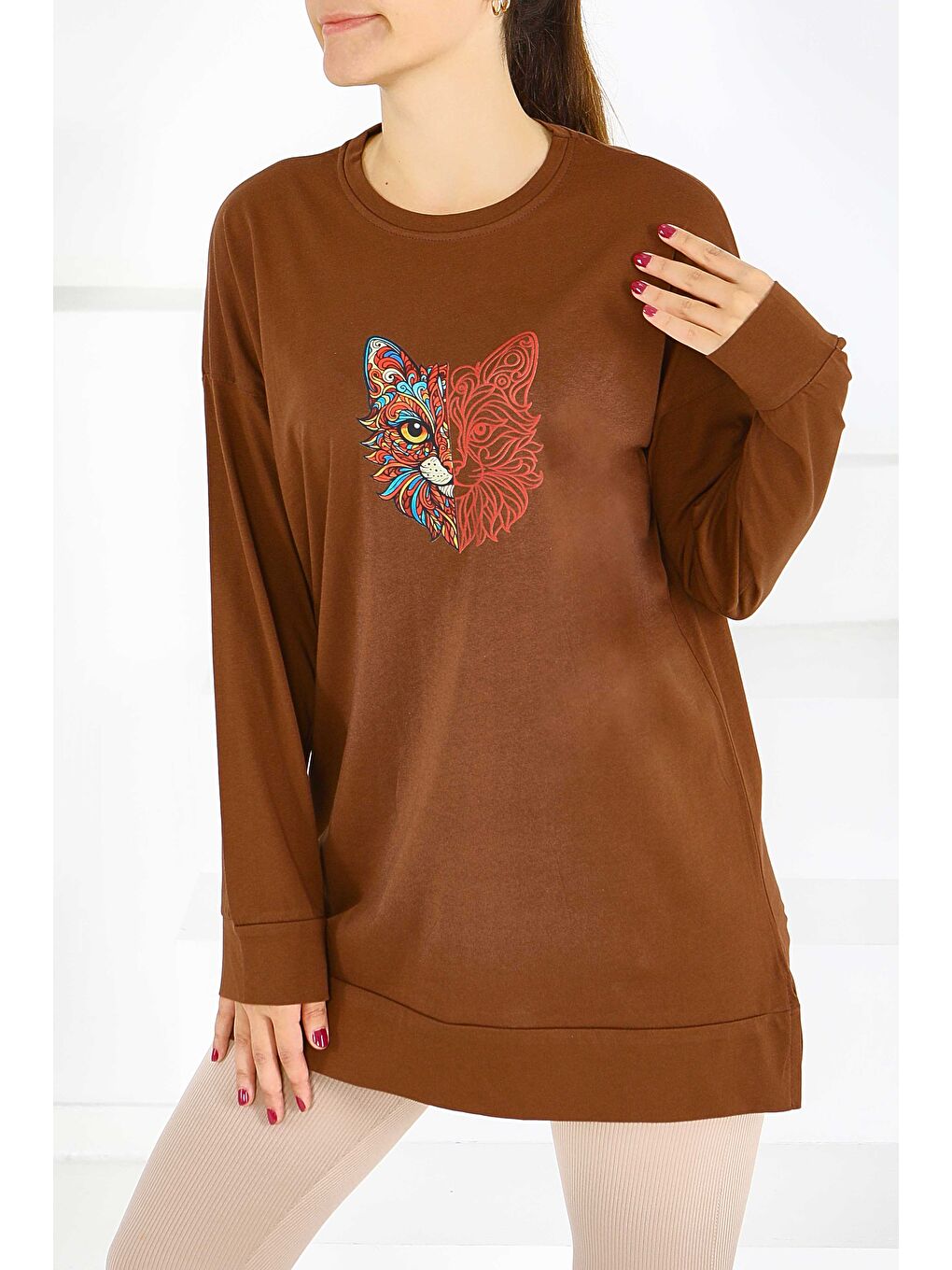 Kahverengi Uzun Kollu Baskılı Süprem Tunik Kahve - 27586-2