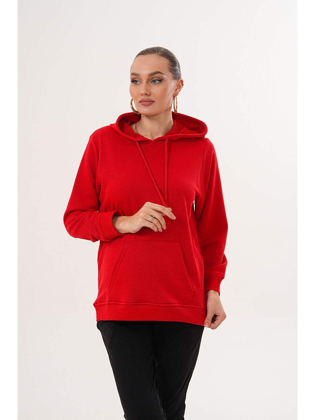 Kırmızı %100 Pamuk Hamile ve Lohusa Basic Kapüşonlu Sweatshirt-2