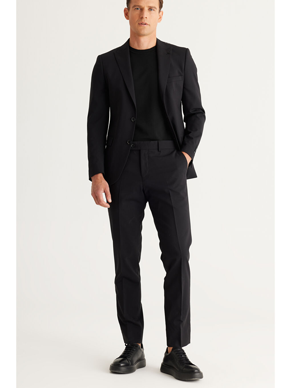 Erkek Siyah Slim Fit Dar Kesim Kırlangıç Yaka Desenli Yünlü Takım Elbise-11