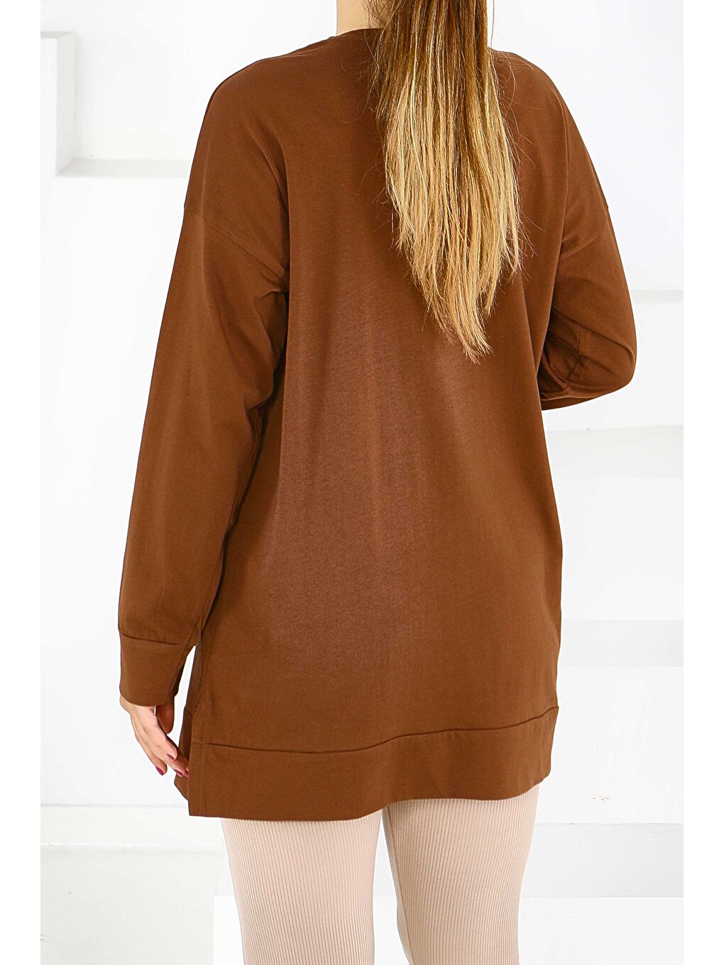 Kahverengi Uzun Kollu Baskılı Süprem Tunik Kahve - 27586-3