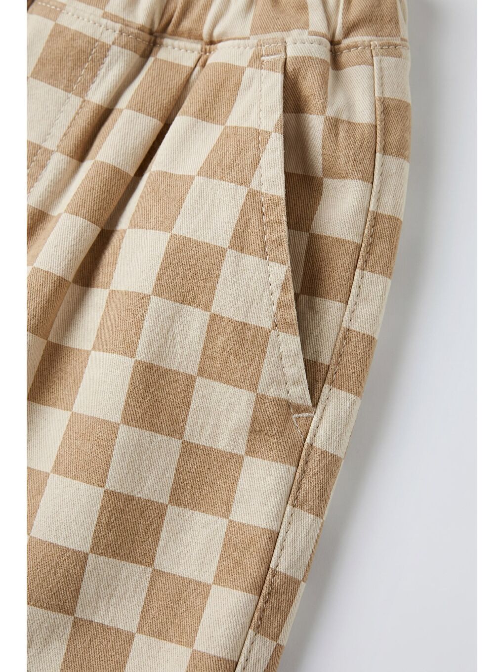 Çocuk Pamuklu Bej Dama Desenli Oversize Pantolon-3