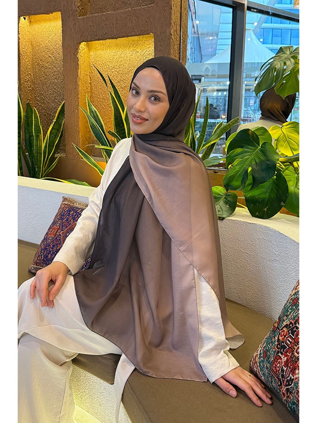 Kahverengi Degrade Desen Soft Şal Koyu Kahve-1