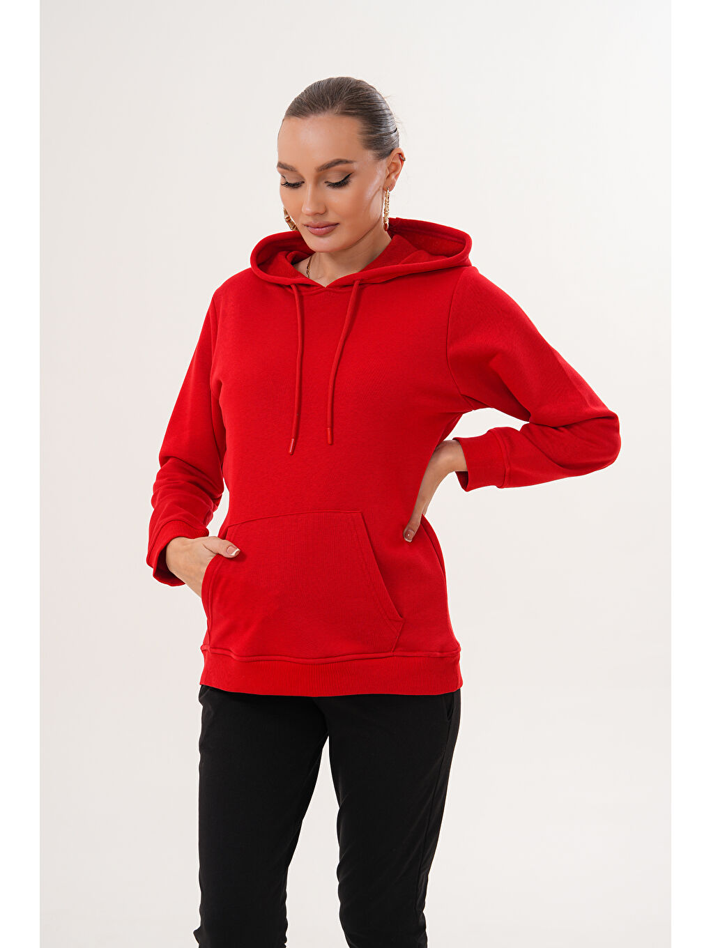 Kırmızı %100 Pamuk Hamile ve Lohusa Basic Kapüşonlu Sweatshirt-3