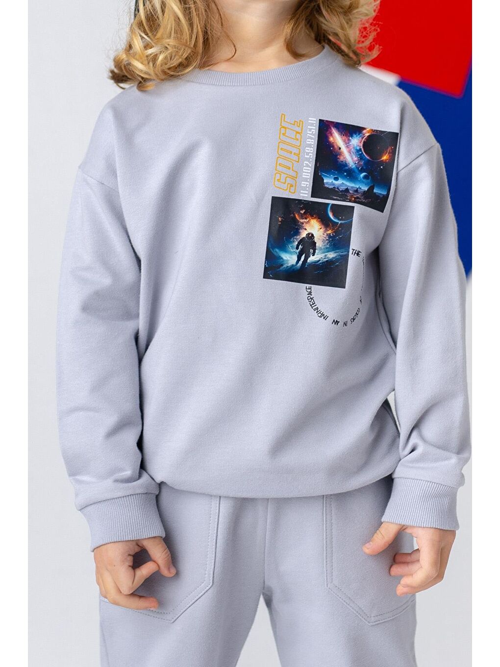 Gri Erkek Çocuk Uzay Baskılı Basic Sweatshirt-1