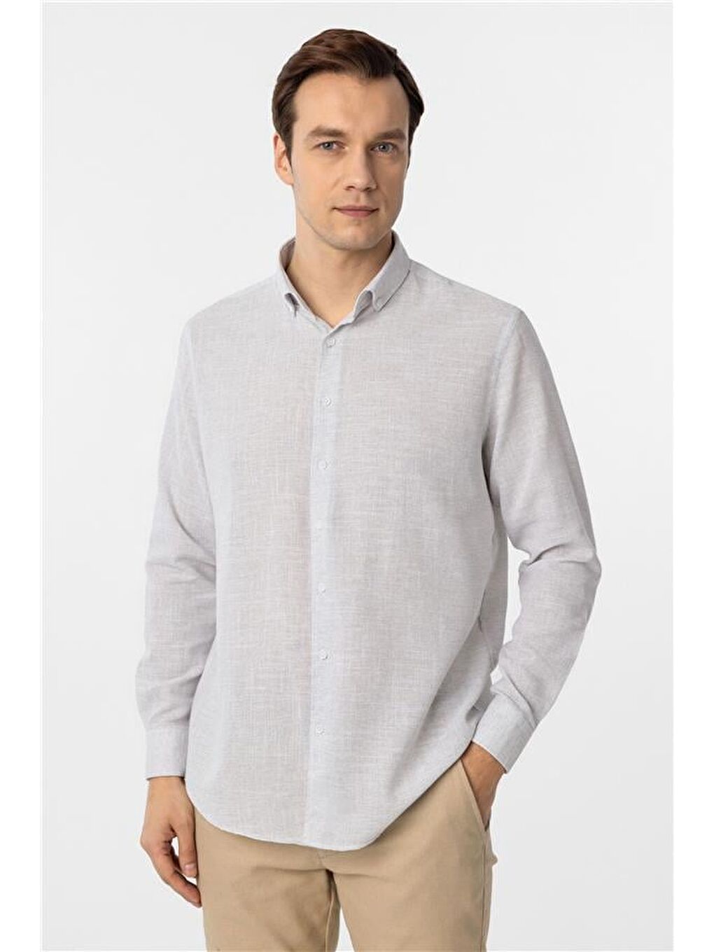 Gri Taş Regular Desenli Düğmeli Yaka Gömlek-1