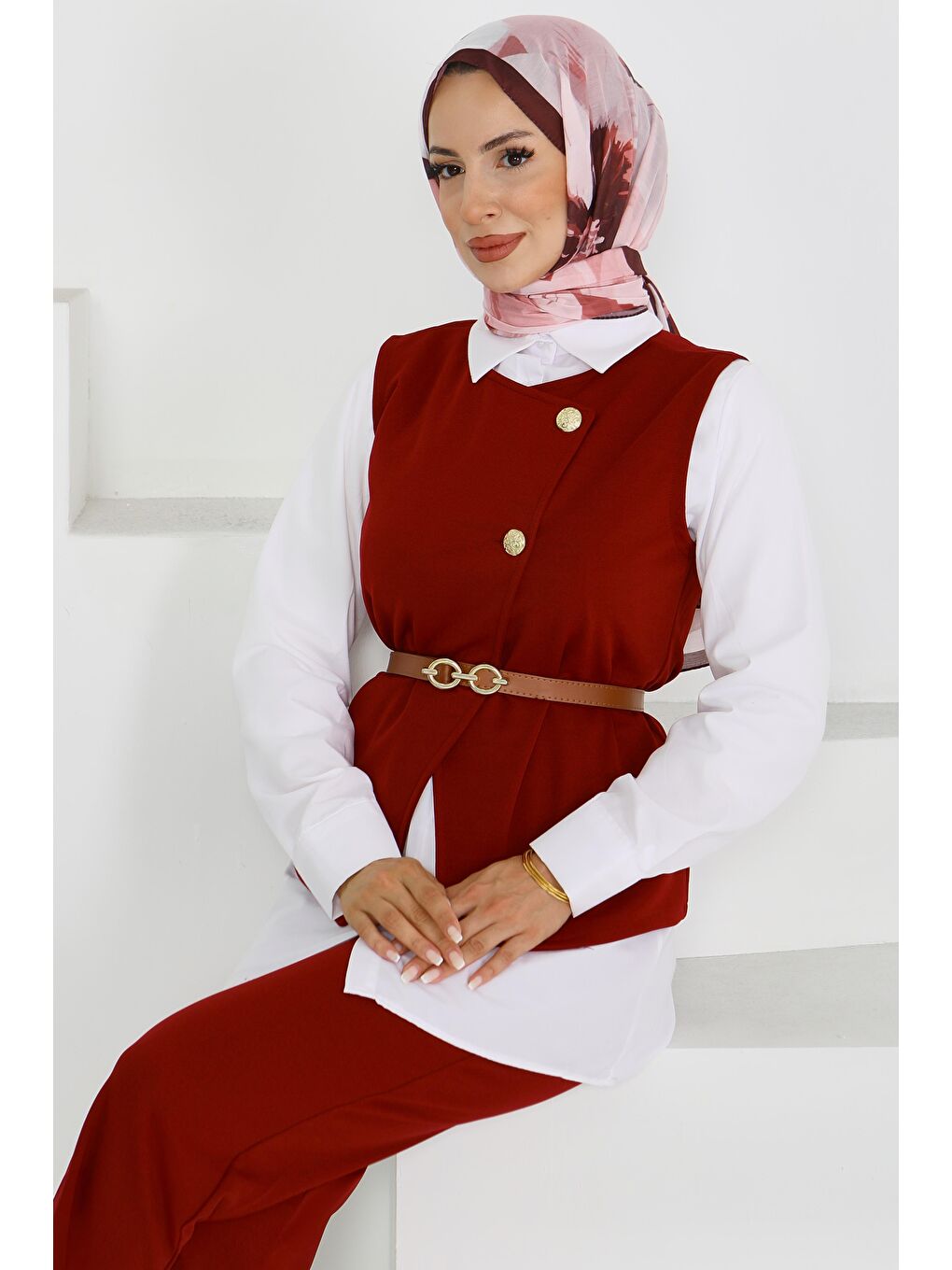 Kemerli Yelek Pantolon Mira Takım Bordo - 27612-2