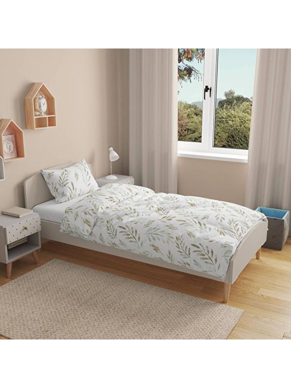 Lila Soft Bulong Tek Kişilik Nevresim Takımı - Ekru / Yeşil-1