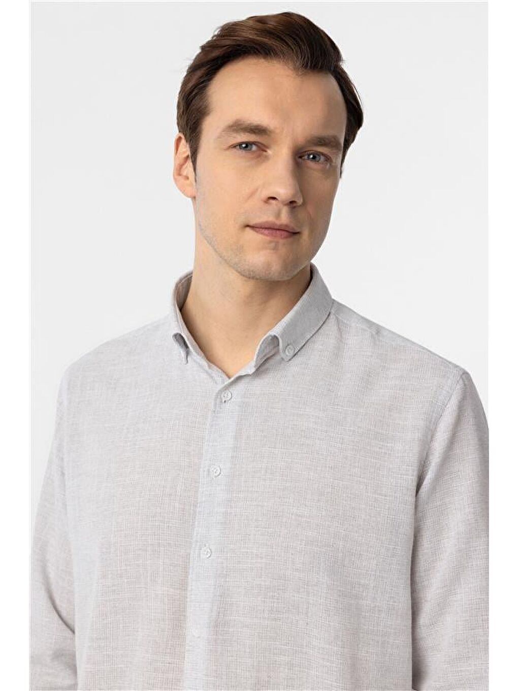 Gri Taş Regular Desenli Düğmeli Yaka Gömlek-2