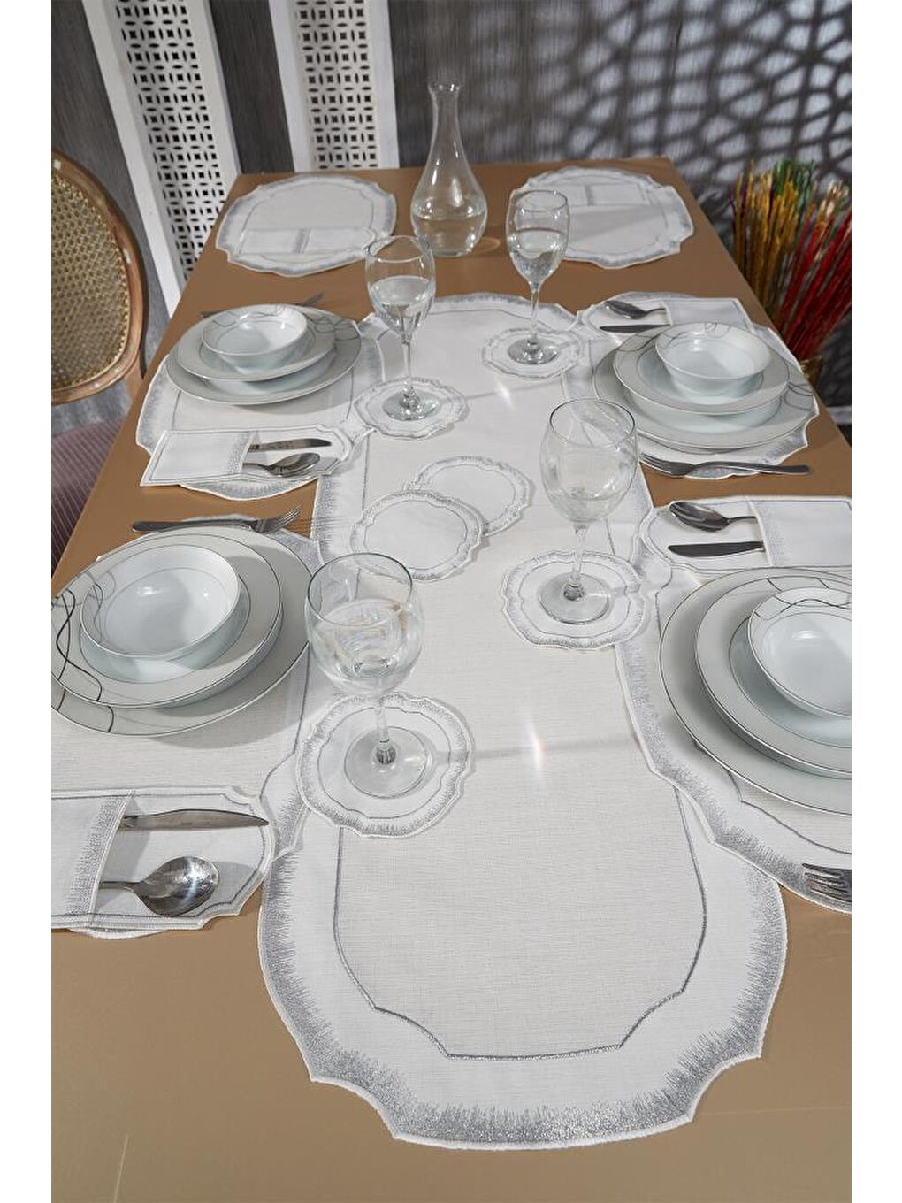 Gri Aslı Keten Nakışlı Amerikan Servis Takımı 19 Parça Silver-1