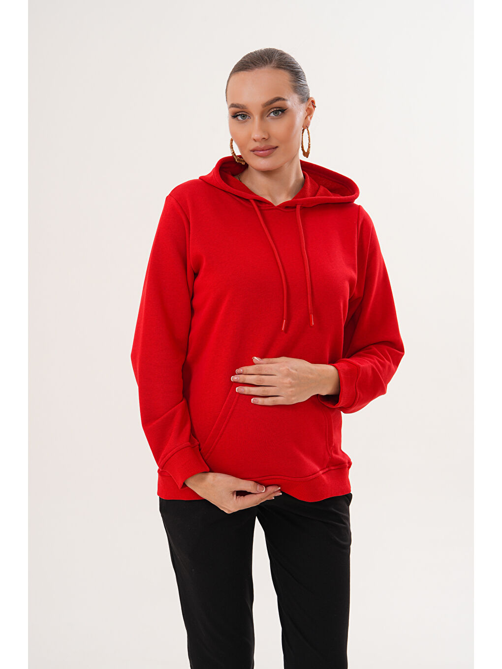 Kırmızı %100 Pamuk Hamile ve Lohusa Basic Kapüşonlu Sweatshirt-4