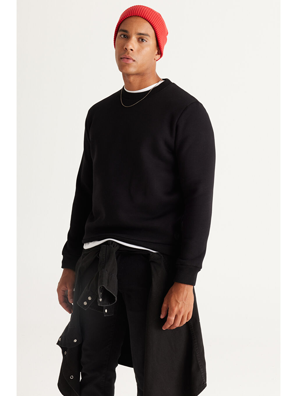 Erkek Siyah Standart Fit Normal Kesim İçi Polarlı Bisiklet Yaka Sweatshirt-1