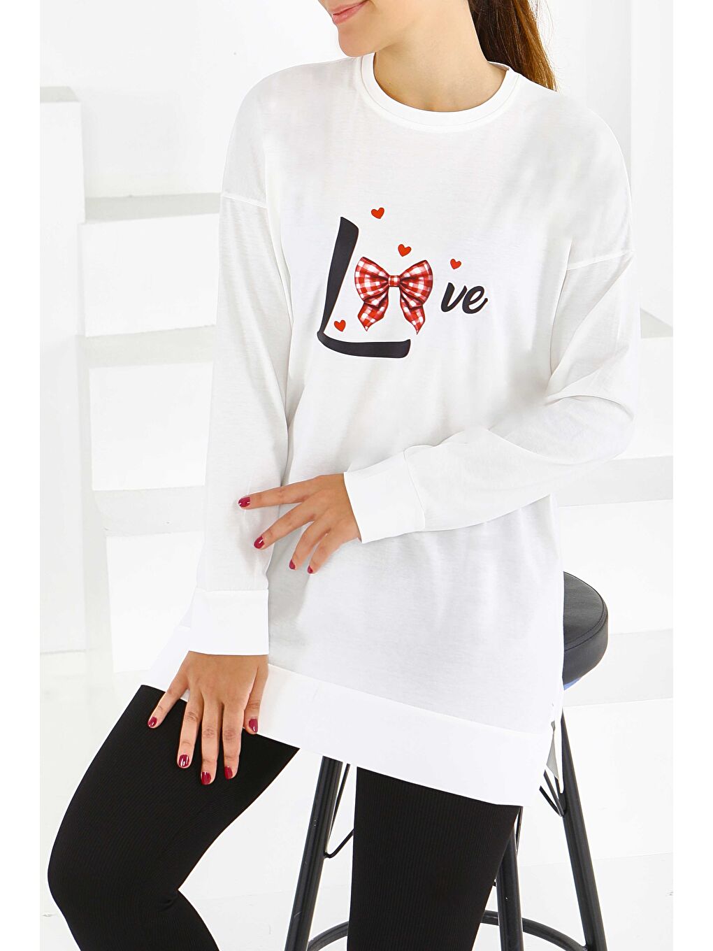 Uzun Kollu Baskılı Süprem Tunik Beyaz - 27581