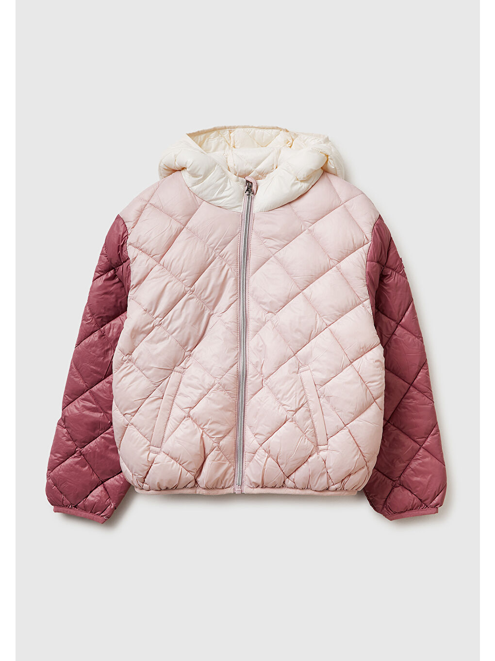 Pembe Kız Çocuk Gül Kurusu Logo İşlemeli Cepli Kapüşonlu Kapitone Ceket