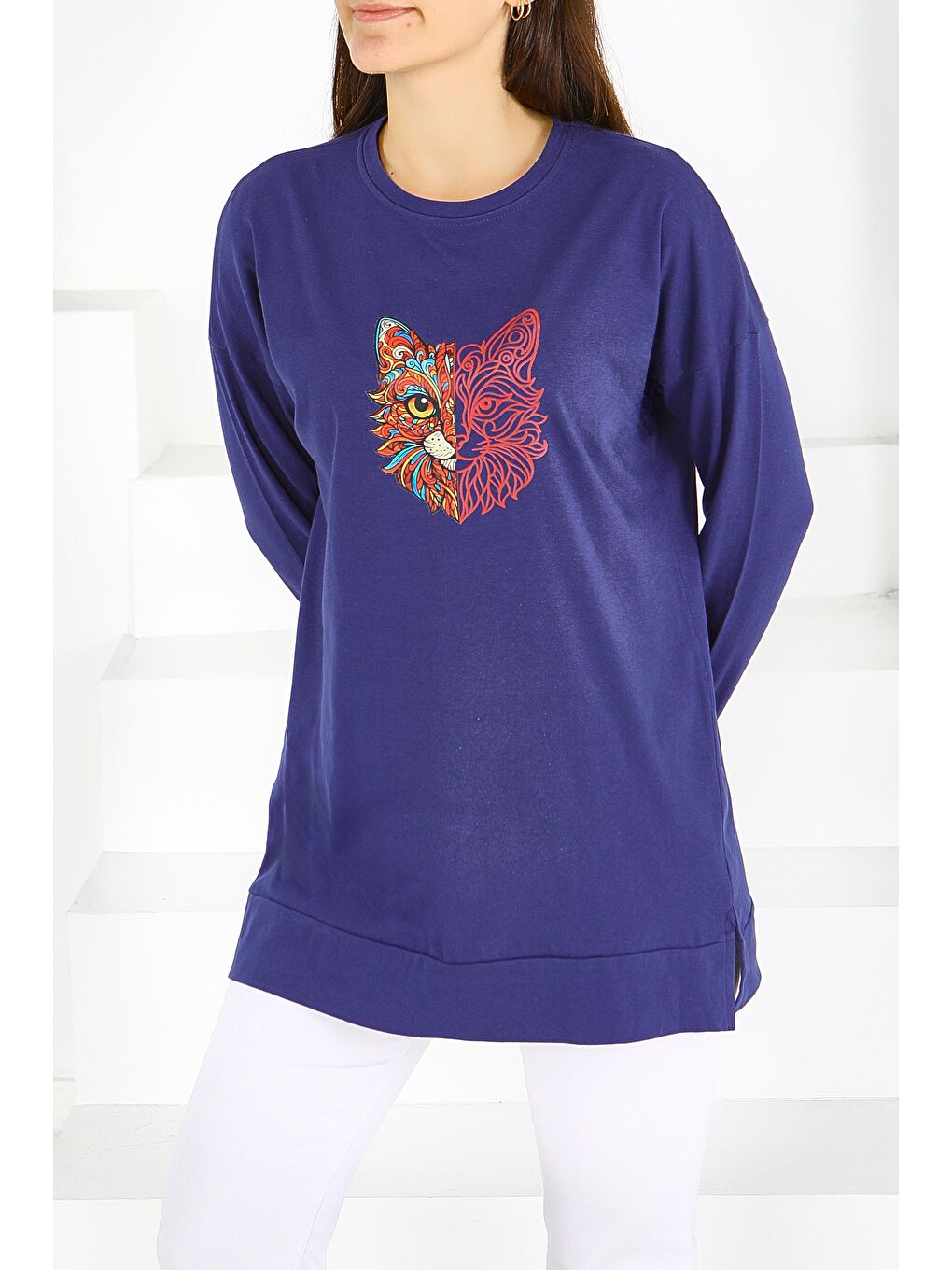 Uzun Kollu Baskılı Süprem Tunik Lacivert - 27586