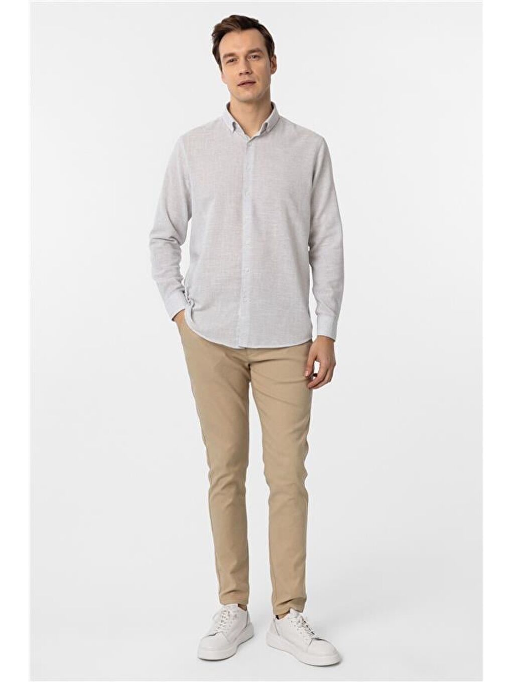 Gri Taş Regular Desenli Düğmeli Yaka Gömlek-4