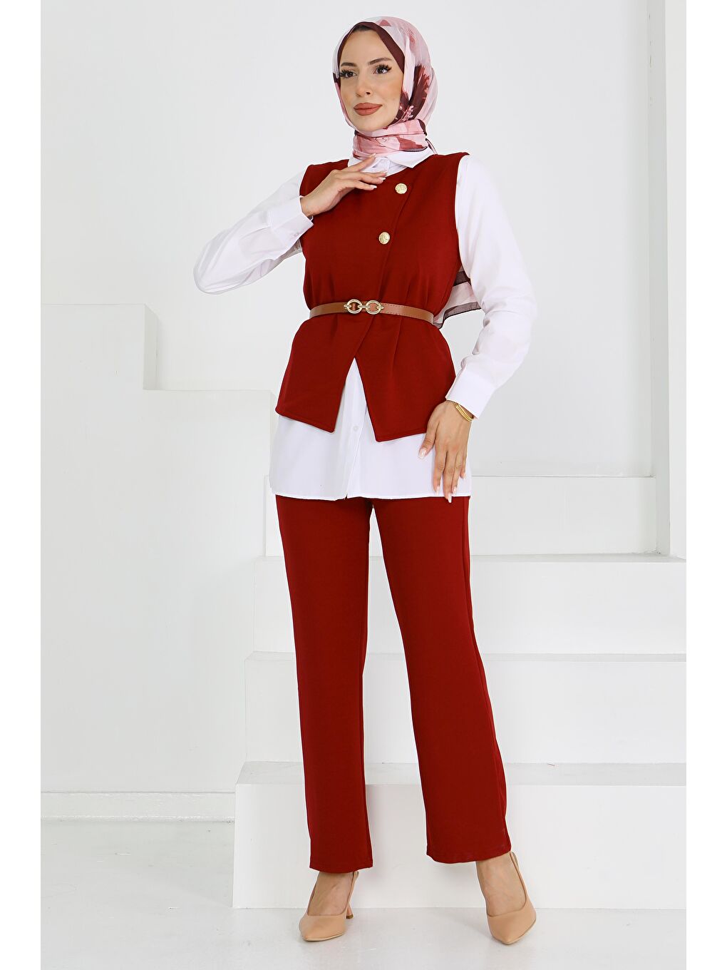 Kemerli Yelek Pantolon Mira Takım Bordo - 27612-3