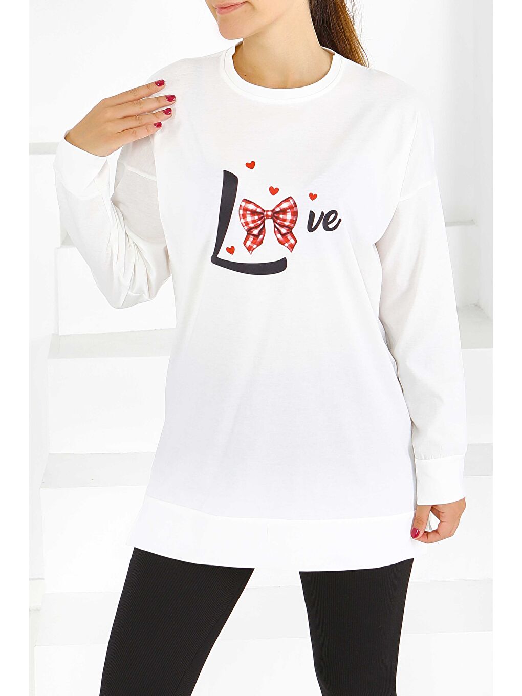 Uzun Kollu Baskılı Süprem Tunik Beyaz - 27581-1