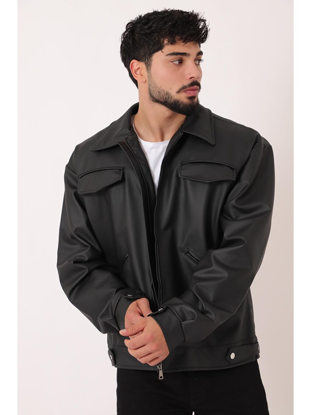 Siyah Cep Detay Dik Yaka Suni Deri Mont Bl 1848_50455-1