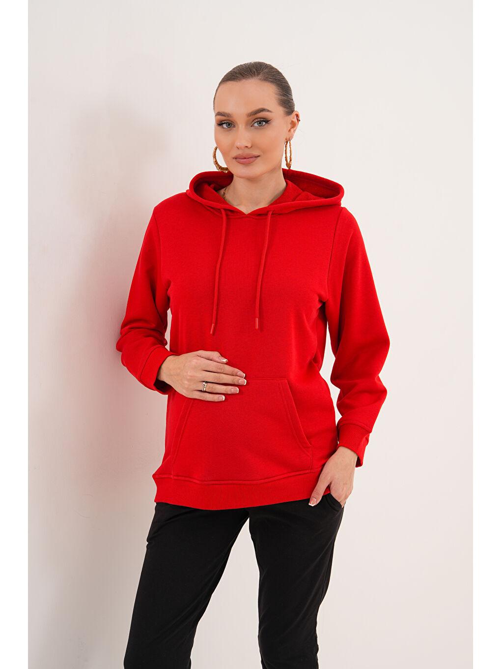 Kırmızı %100 Pamuk Hamile ve Lohusa Basic Kapüşonlu Sweatshirt-6