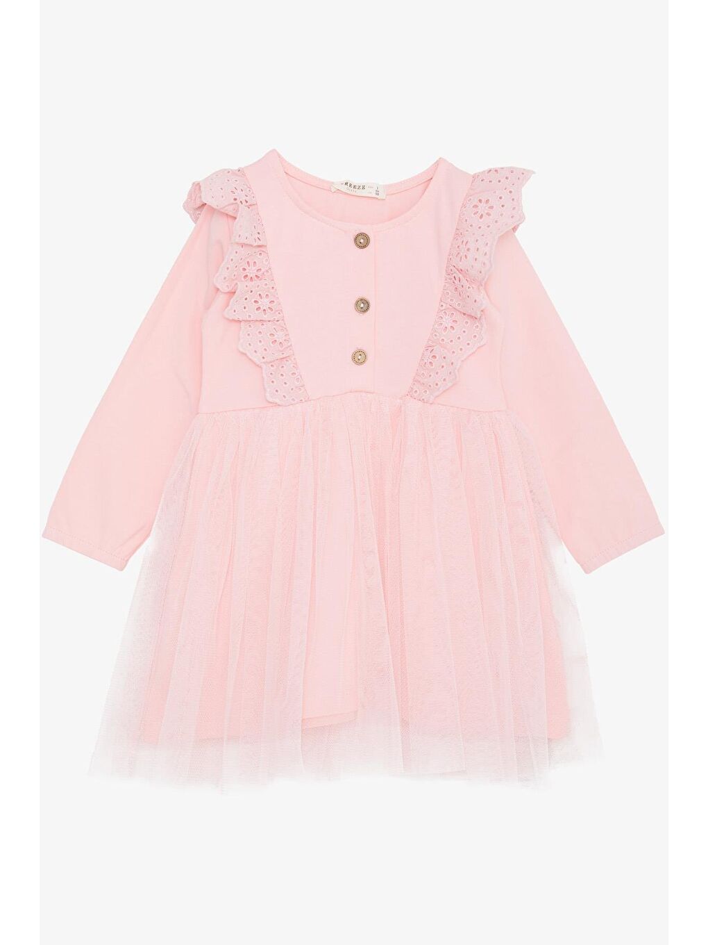 Kız Bebek Uzun Kollu Elbise Tüllü Güpürlü Pembe (1.5 Yaş)