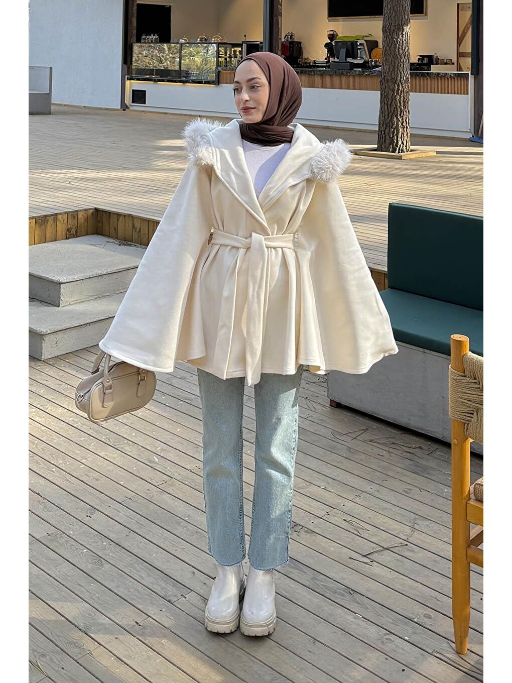 Ekru Kapüşonlu Panço Krem-2