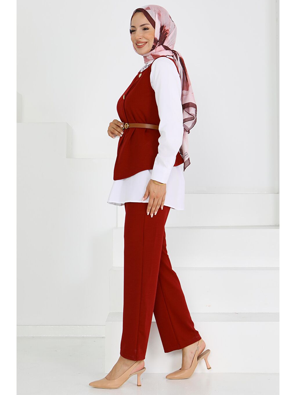 Kemerli Yelek Pantolon Mira Takım Bordo - 27612-4