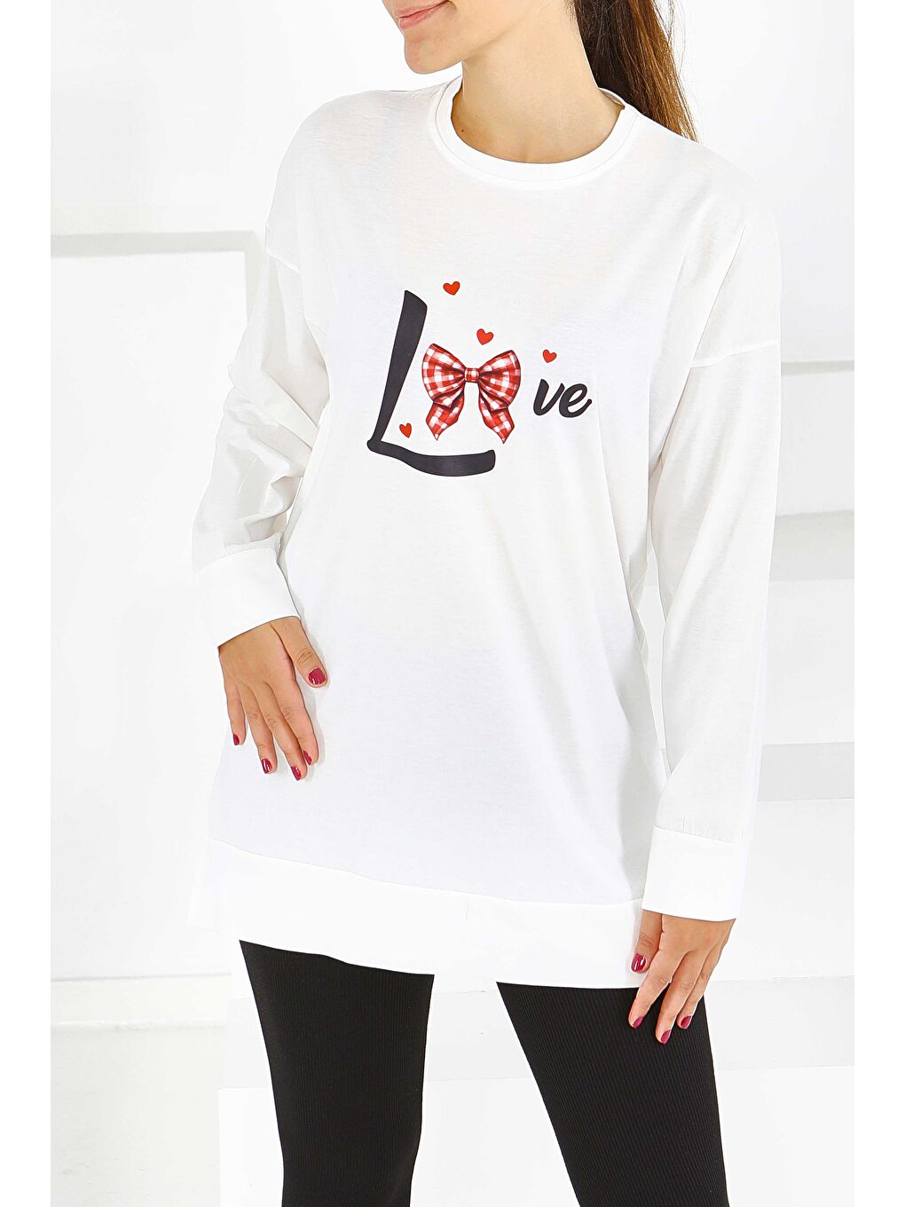 Uzun Kollu Baskılı Süprem Tunik Beyaz - 27581-2