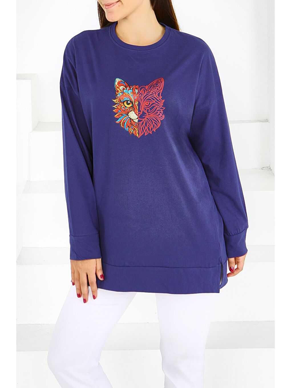 Uzun Kollu Baskılı Süprem Tunik Lacivert - 27586-1