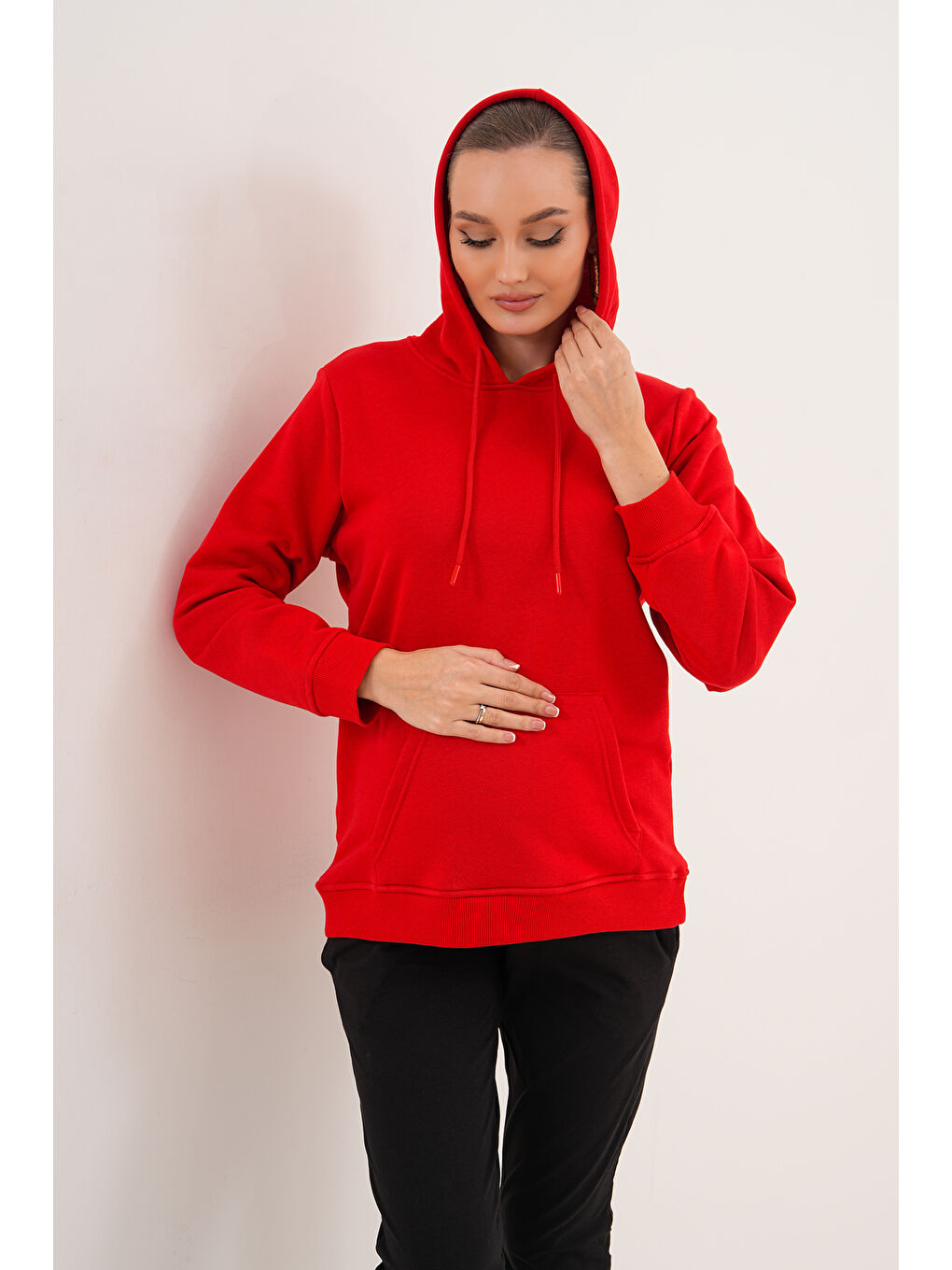 Kırmızı %100 Pamuk Hamile ve Lohusa Basic Kapüşonlu Sweatshirt-7