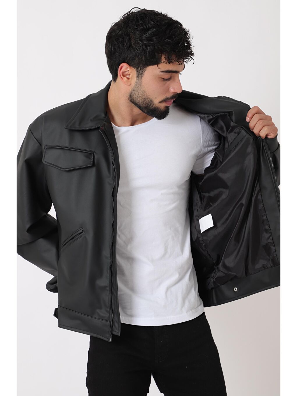 Siyah Cep Detay Dik Yaka Suni Deri Mont Bl 1848_50455-2