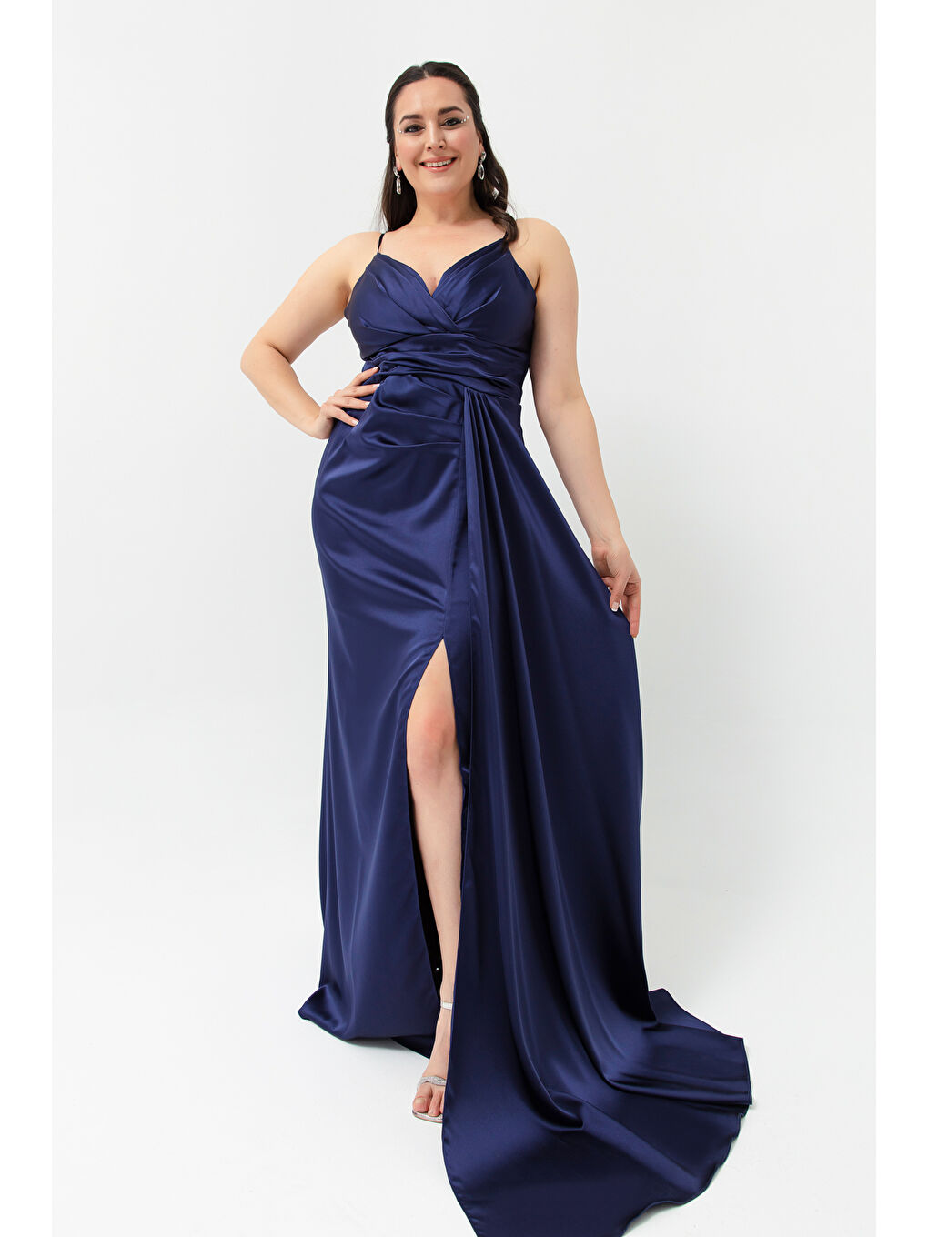 Kadın Lacivert Büyük Beden Uzun Saten Abiye Elbise & Mezuniyet Elbisesi-1